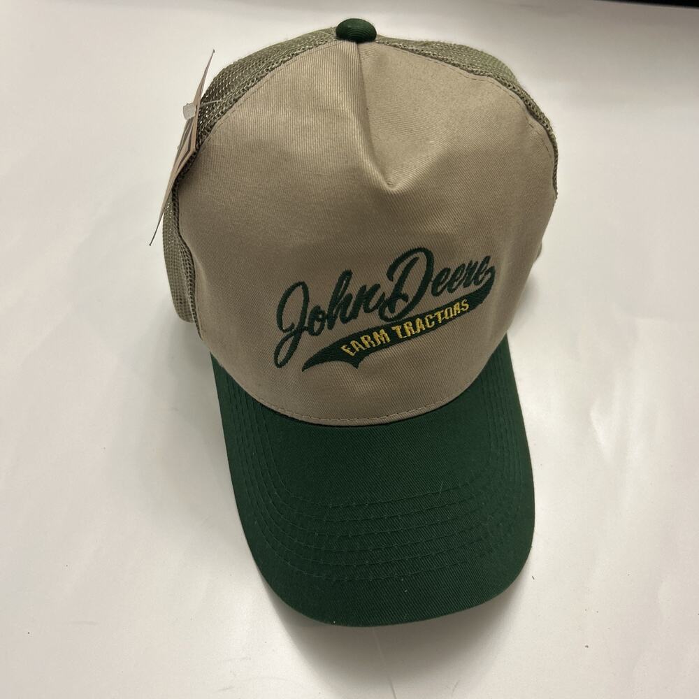 John Deere Farm Tractors Snapback Trucker Hat Tan Green Farm Cap NWT Script USA
